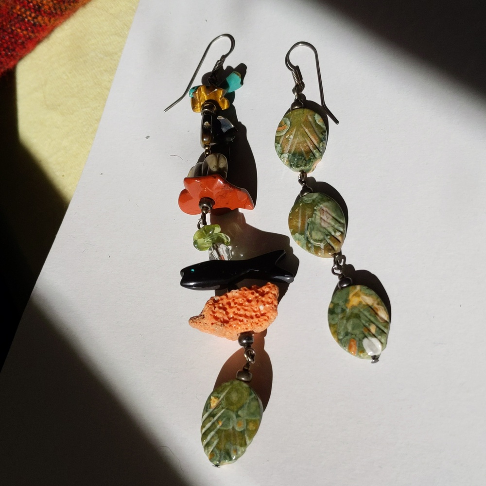 Asymmetrical fetish earrings multicolor stones long sterling silver 925 vintage
